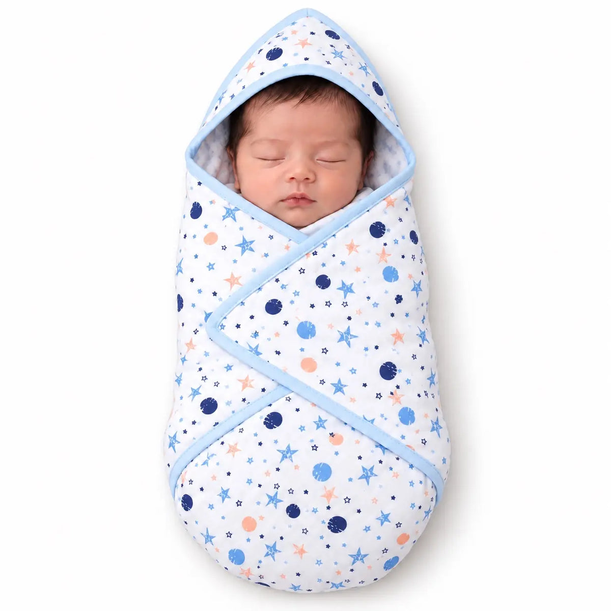Newborn baby wrapped in blue star print baby hooded wrapping sheet 30x30 inches