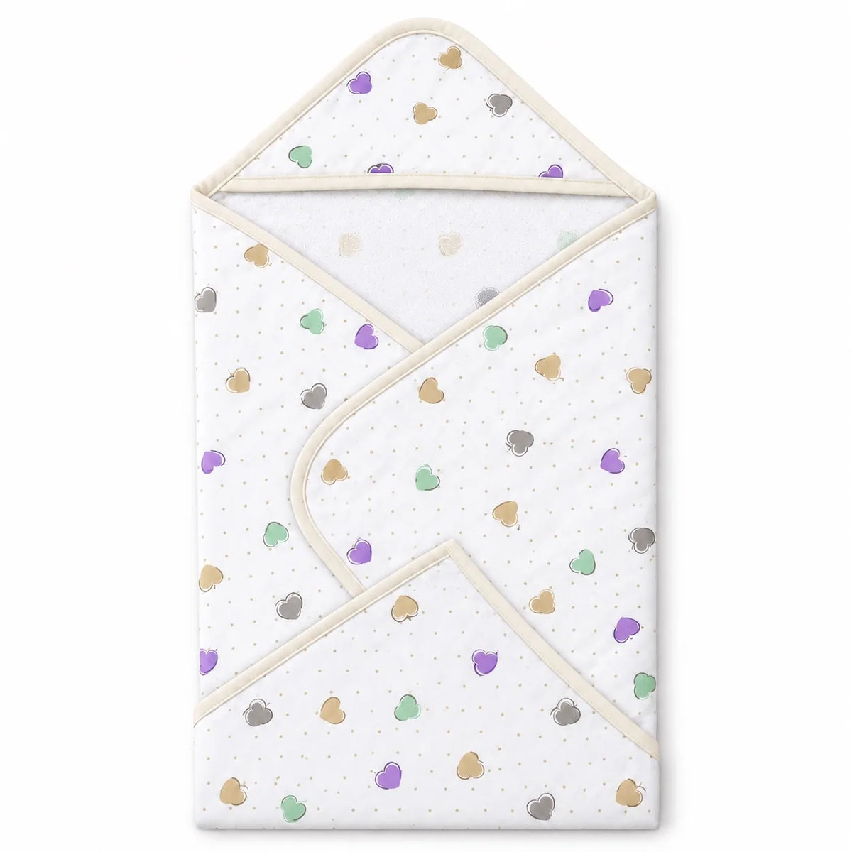 Newborn baby wrapped in cream heart print hooded wrapping sheet with matching cream trim