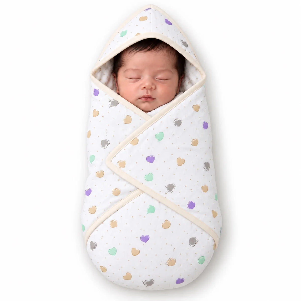 Cream baby hooded wrapping sheet with pastel heart print and overlapping wrap panels