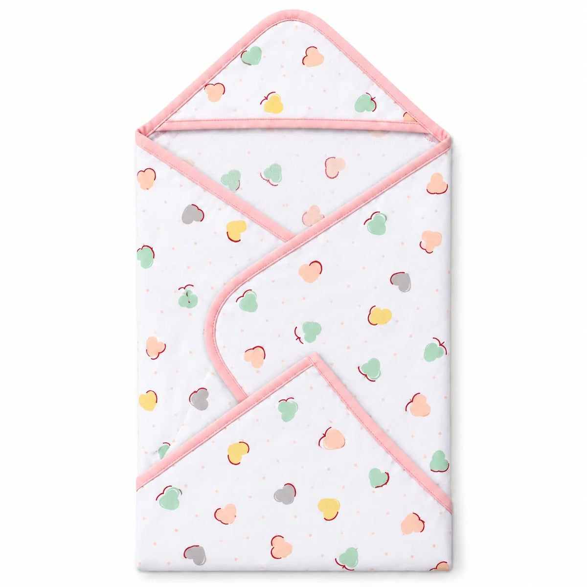 Pink baby hooded wrapping sheet 30x30 inches with multicolor hearts and pink edge binding