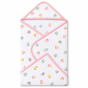 Pink baby hooded wrapping sheet 30x30 inches with multicolor hearts and pink edge binding