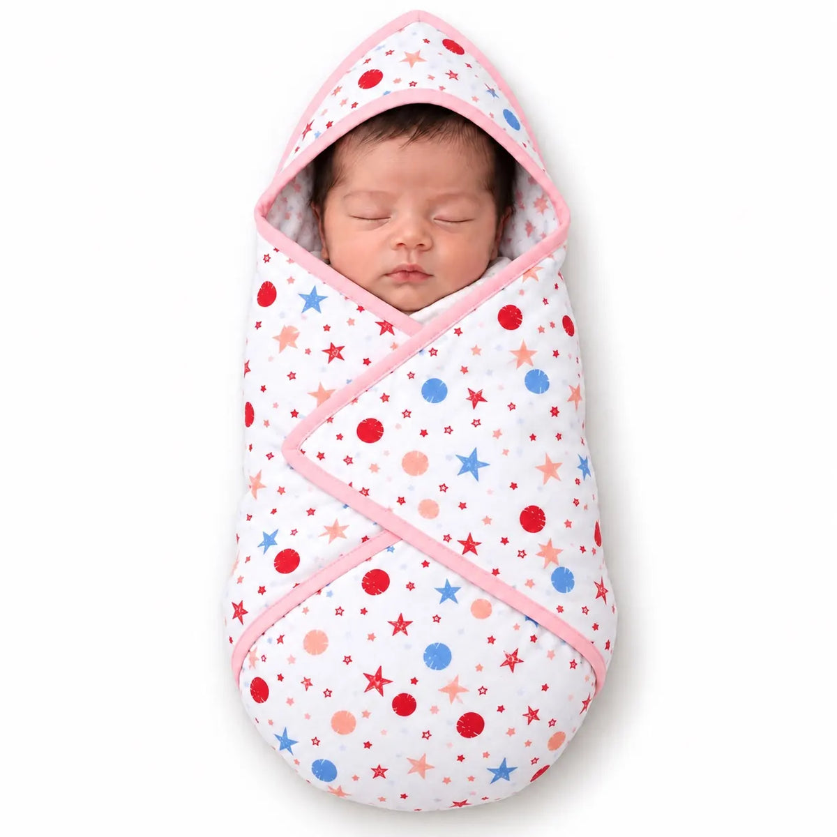 Newborn baby wearing pink star print hooded wrapping sheet with matching pink trim