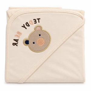 Beige baby hooded wrapping sheet made from soft interlock fabric with teddy bear embroidery