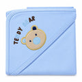 Blue baby hooded wrapping sheet 30x30 inches with embroidered teddy bear hood design