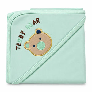 Mint green baby hooded wrapping sheet 30x30 inches with embroidered teddy bear hood