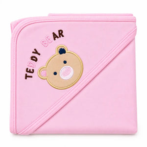 Pink baby hooded wrapping sheet in soft interlock fabric with teddy bear embroidery, 30x30 inches