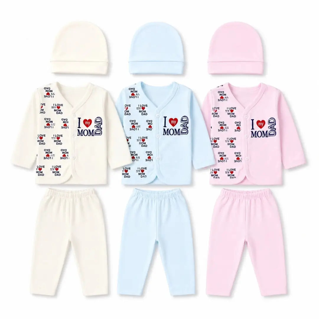 3 piece baby clothing set with cap, Mom Dad print shirt and pajama in cream, baby blue and pink