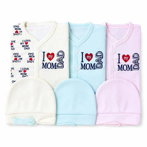 Mom Dad 3 piece newborn baby clothing set with matching cap and wrap shirt in cream, blue and pink