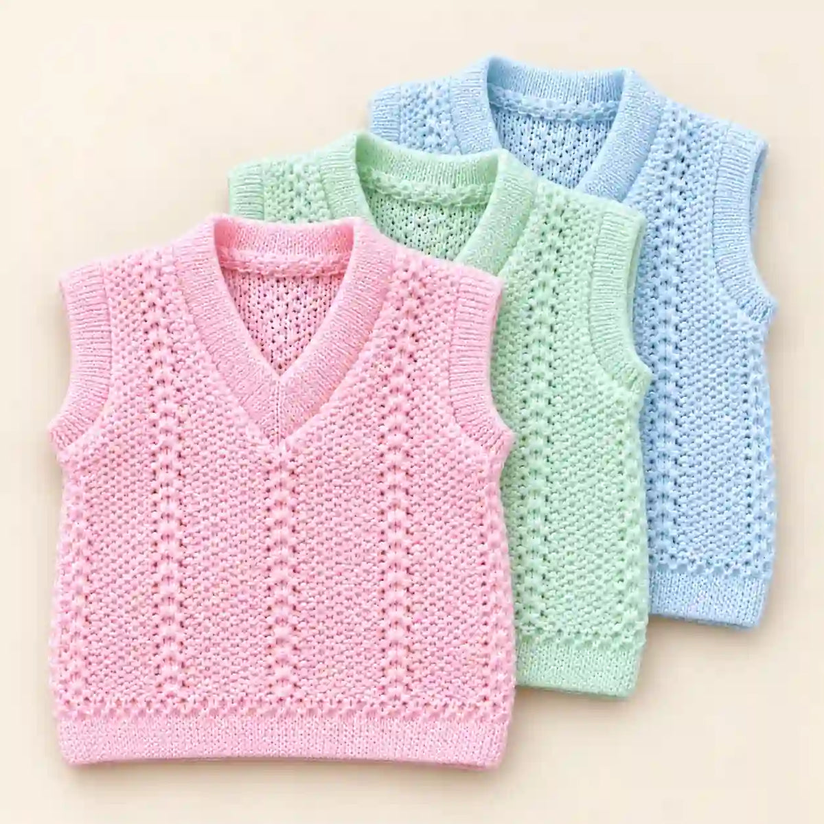 Baby Woolen Knitted Sleeveless Sweater Vests Pink Mint Green and Light Blue