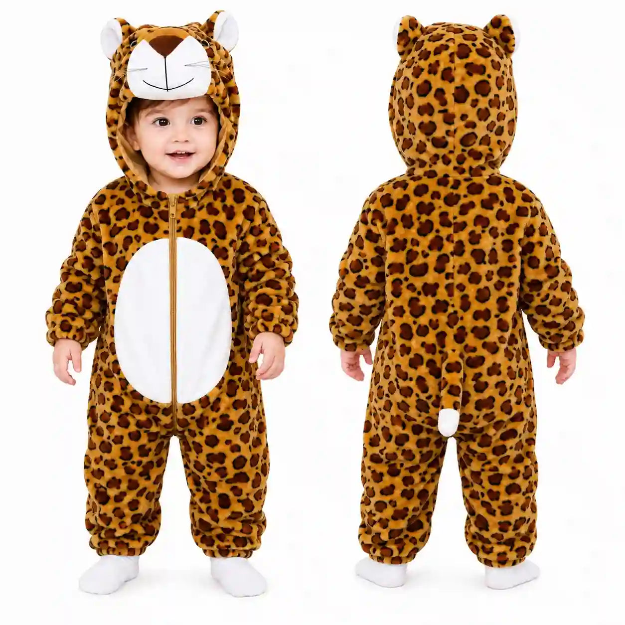 Leopard character hooded winter fleece romper jumpsuit front and back view with tail detail
