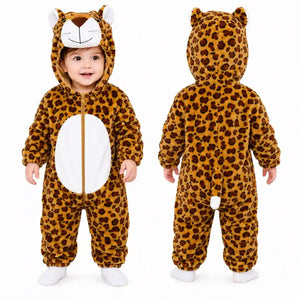 Leopard character hooded winter fleece romper jumpsuit front and back view with tail detail