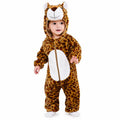 Leopard character hooded winter fleece romper jumpsuit brown animal print front view