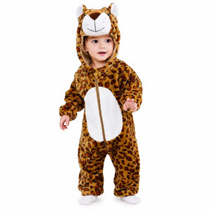 Leopard character hooded winter fleece romper jumpsuit brown animal print front view