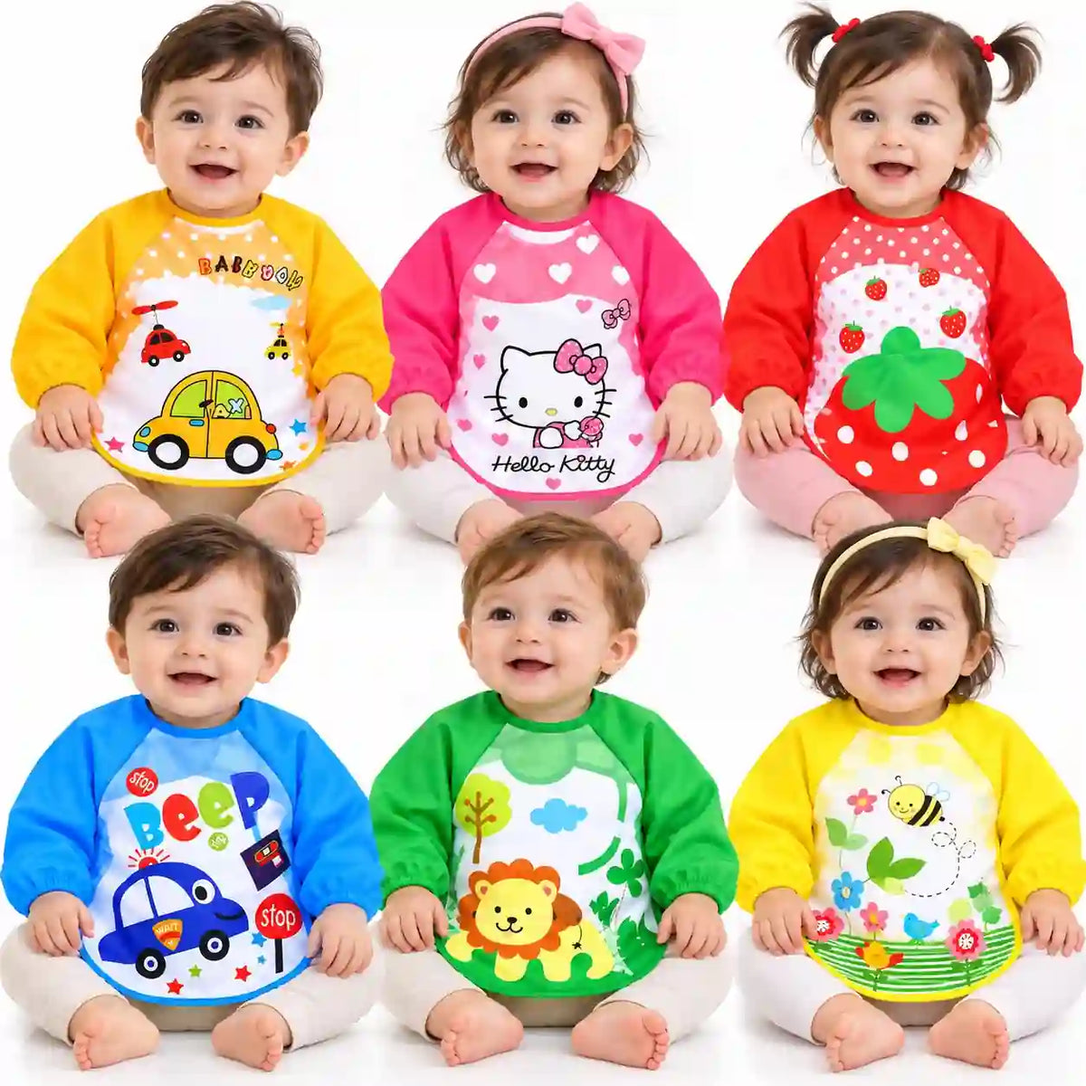 Babies Wearing Colorful Long Sleeve Feeding Bibs