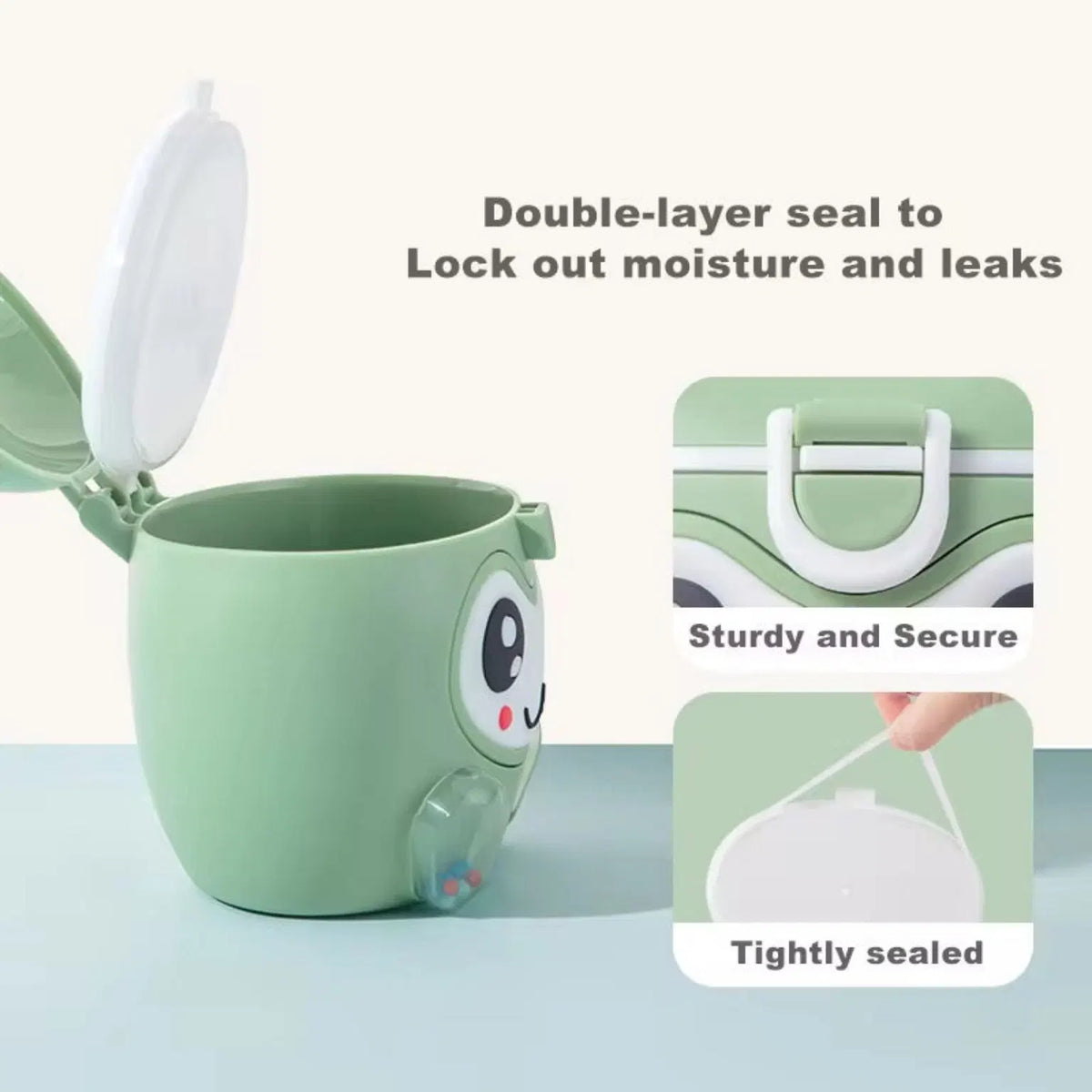 Apple-shape baby milk powder container with separate scoop storage compartment