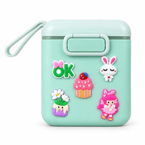 Baby formula milk powder storage container 500g in mint green with cartoon design, locking clip and carrying strap