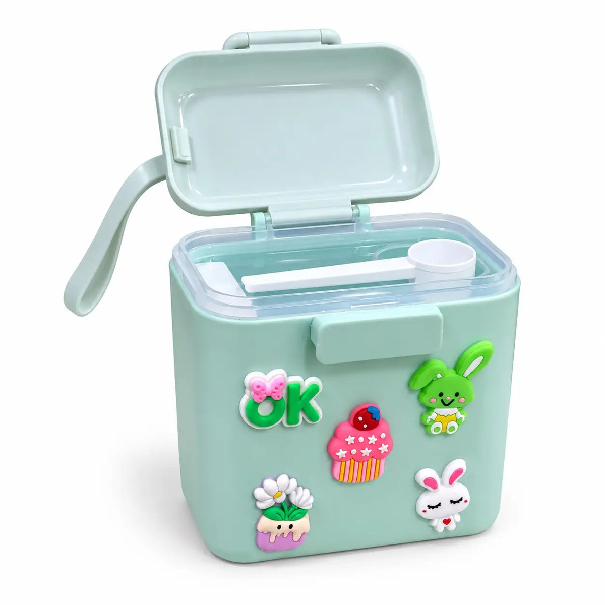 Mint green 500g baby formula powder storage box with open lid, transparent inner cover and white measuring scoop