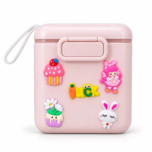 Baby milk powder storage container 500g in pink with cute cartoon decorations, locking lid and carrying strap