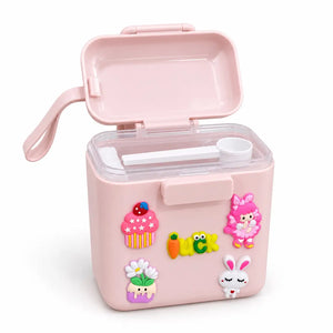 Pink 500g baby milk powder storage container with open hinged lid, transparent inner cover and measuring scoop