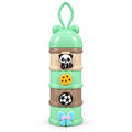 Mint green multicolor 4 layer baby formula powder and food storage container with stackable compartments, panda cartoon and carrying loop