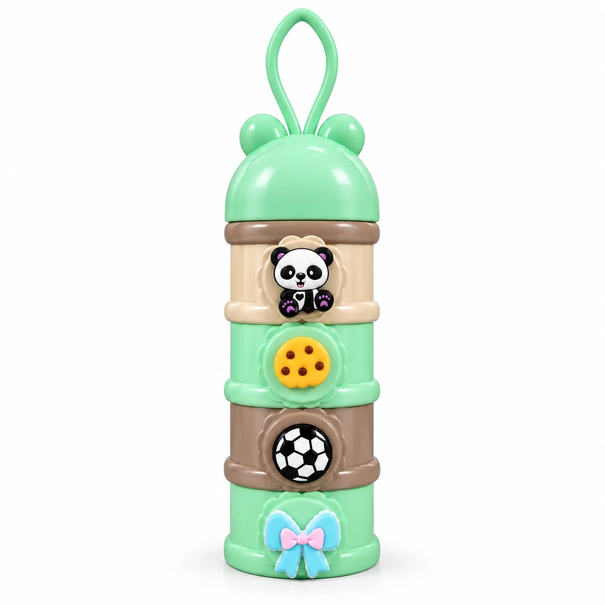 Mint green multicolor 4 layer baby formula powder and food storage container with stackable compartments, panda cartoon and carrying loop