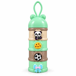 Mint green multicolor 4 layer baby formula powder and food storage container with stackable compartments, panda cartoon and carrying loop