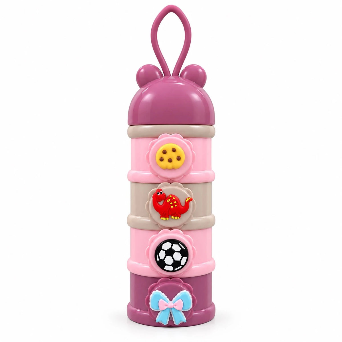 4 layer baby milk powder storage container in pink multicolor with detachable compartments, cartoon decorations and carrying loop