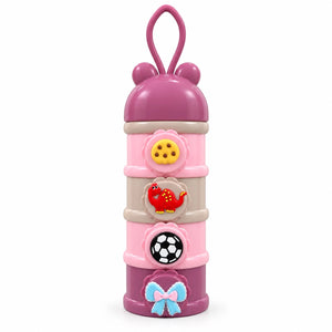 4 layer baby milk powder storage container in pink multicolor with detachable compartments, cartoon decorations and carrying loop