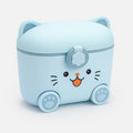 Blue cat-shaped baby milk powder storage box shown open with storage compartment