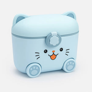 Blue cat-shaped baby milk powder storage box shown open with storage compartment
