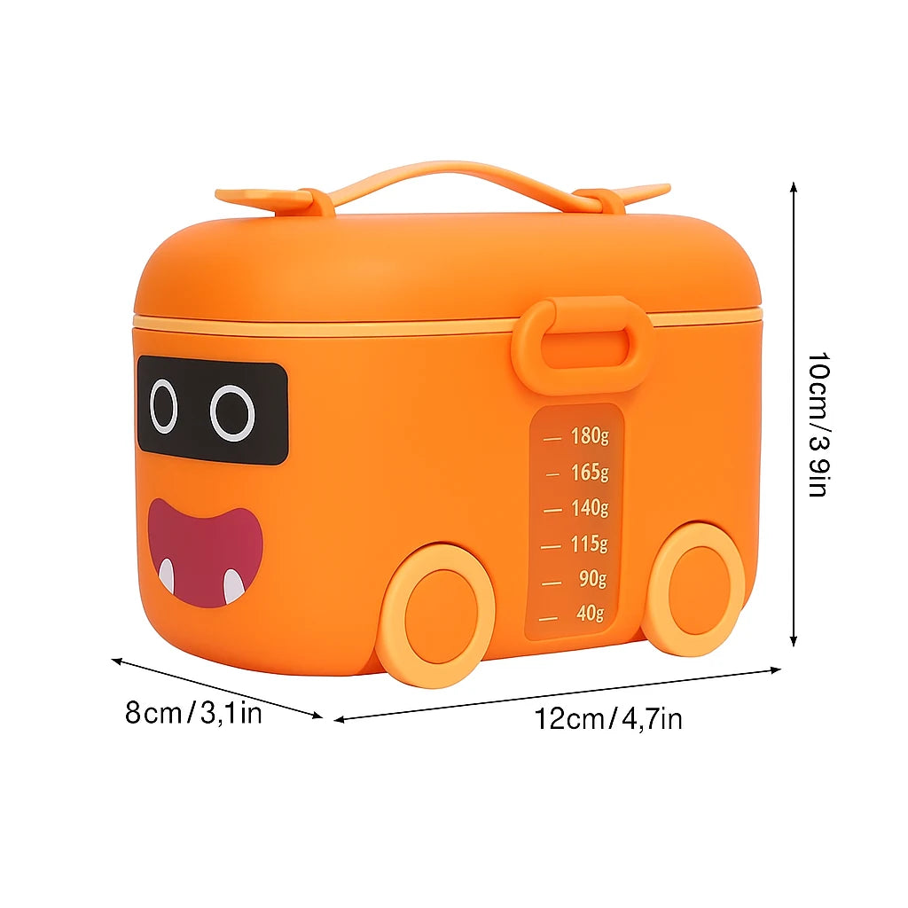 Orange portable milk powder container with product size details