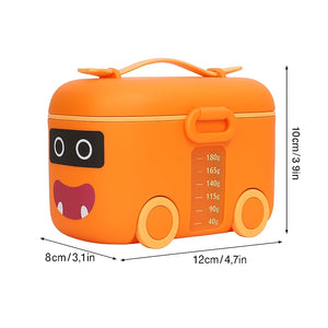 Orange portable milk powder container with product size details