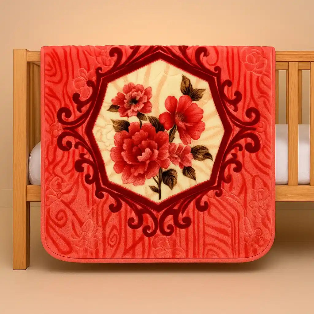 Red floral royal embossed baby blanket with soft cushy material