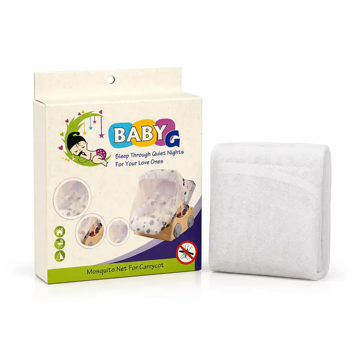 Baby mosquito net for carrycot with retail box and folded white net