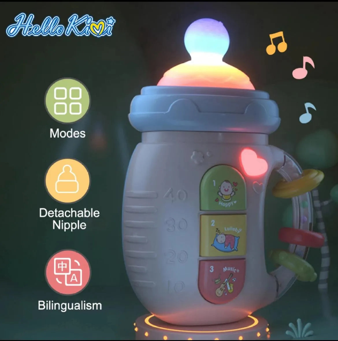 Baby musical feeding bottle with light modes detachable nipple and music features