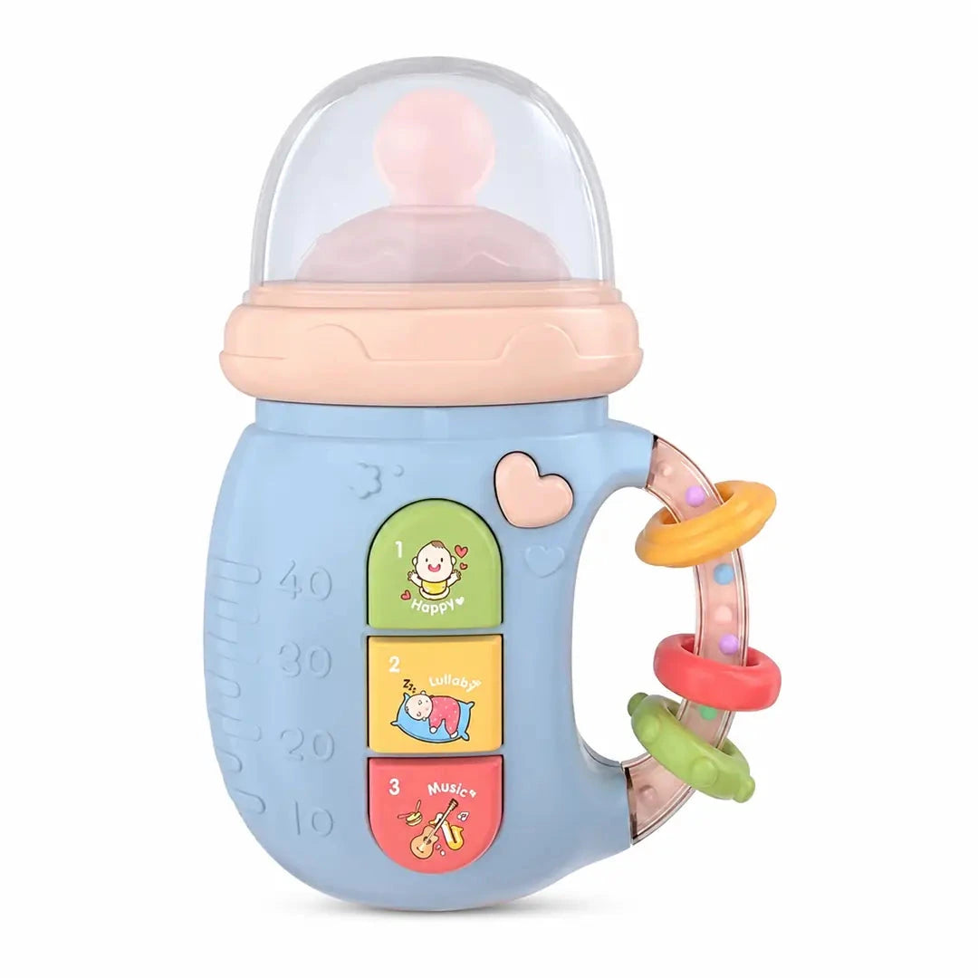 Baby musical feeding bottle rattle toy with soft nipple and colorful handle