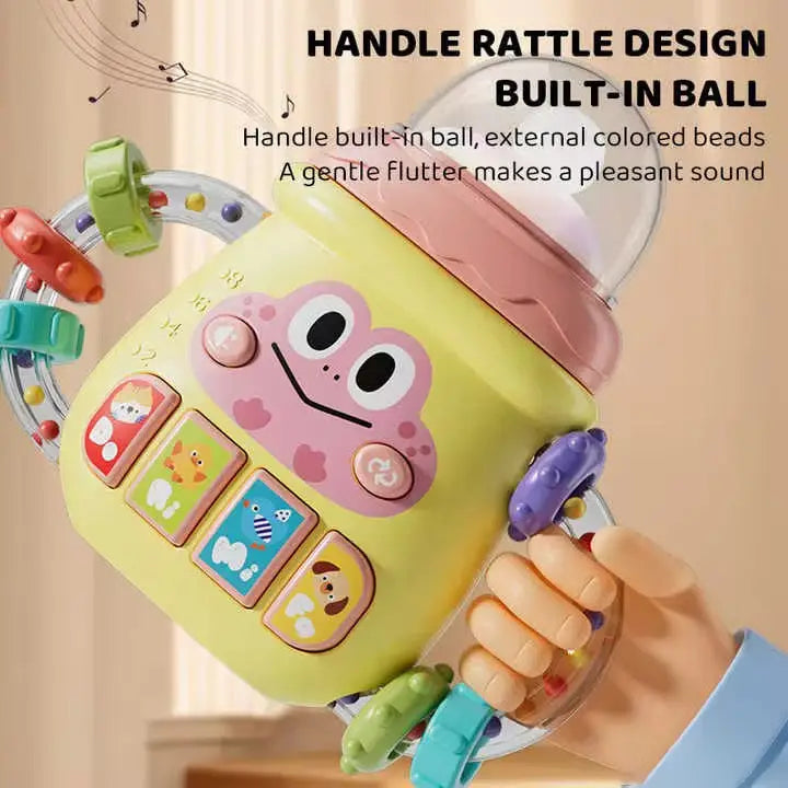 Baby silicone teether toy showing easy-grip rattle handles and colorful buttons