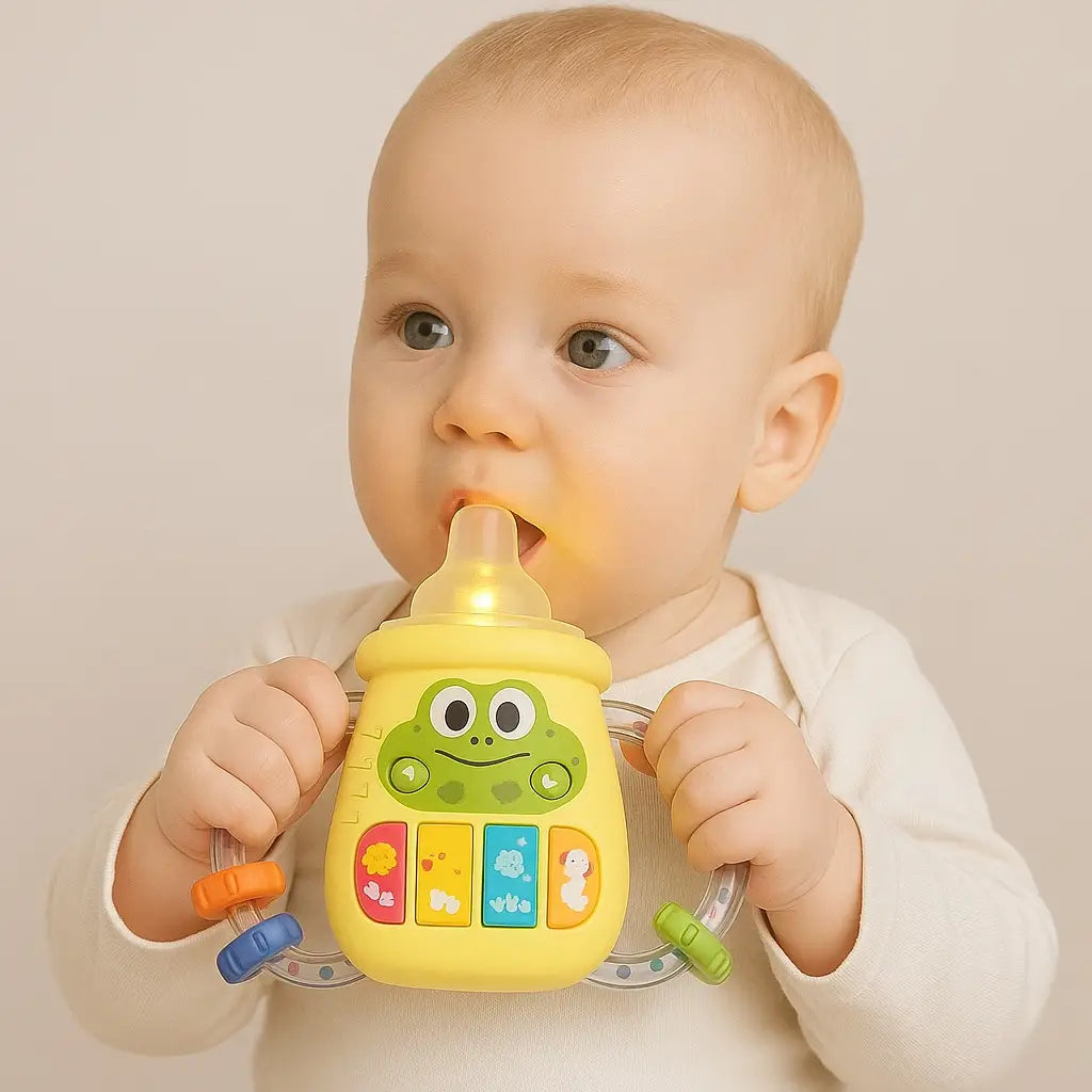 Baby using silicone teether toy with music, lights and easy-grip handles