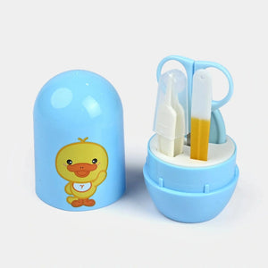 Blue 4-piece baby grooming kit with nail scissors, tweezers, nail file and storage case
