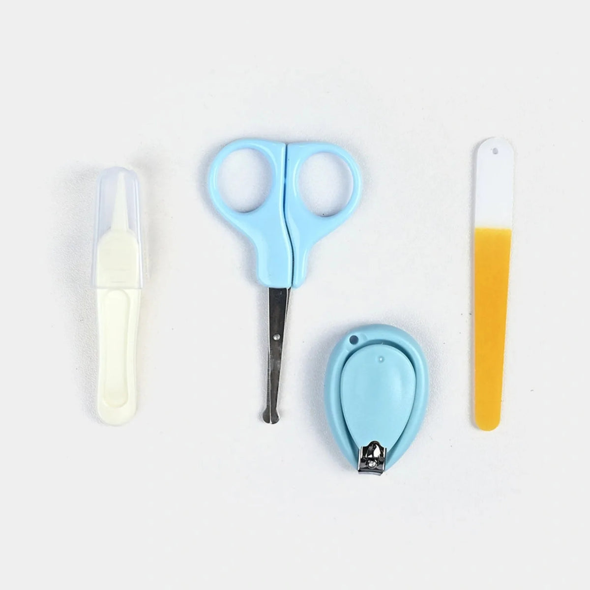 Blue baby grooming kit nail care tools including scissors, tweezers and nail file