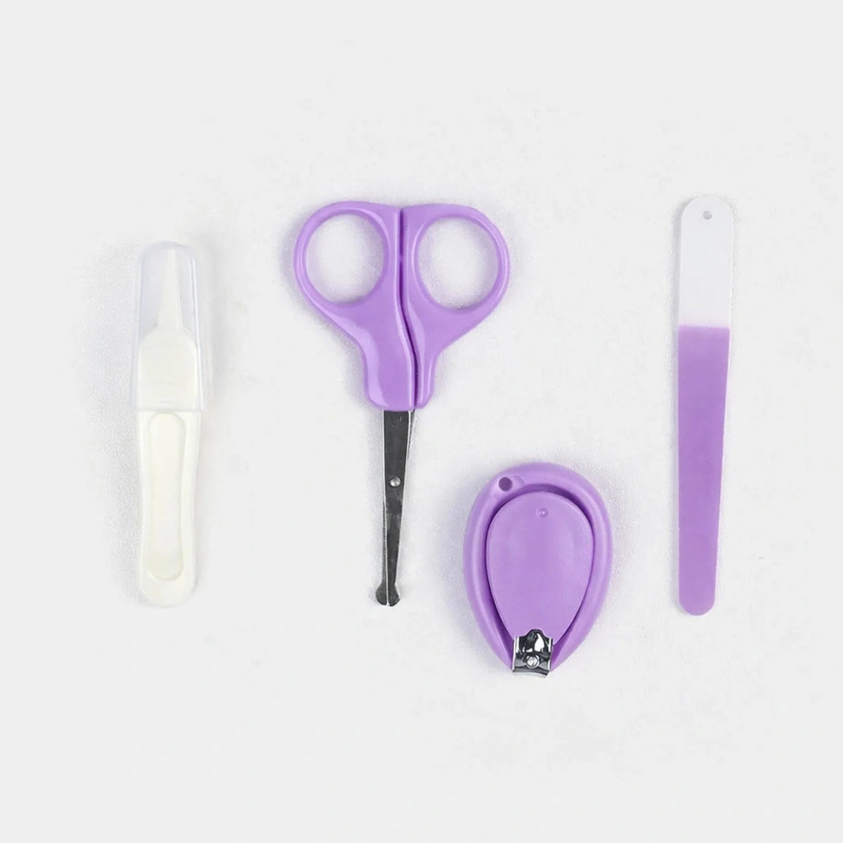 Purple baby grooming kit with baby scissors, tweezers and nail file