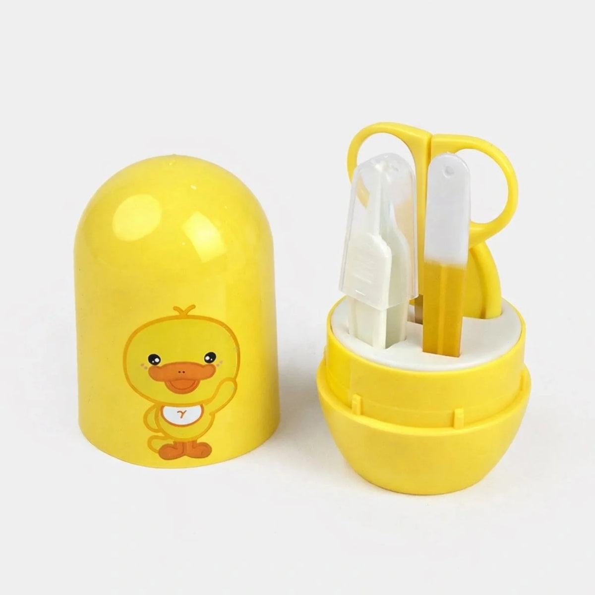 Yellow baby grooming kit with four newborn nail care tools in open storage case