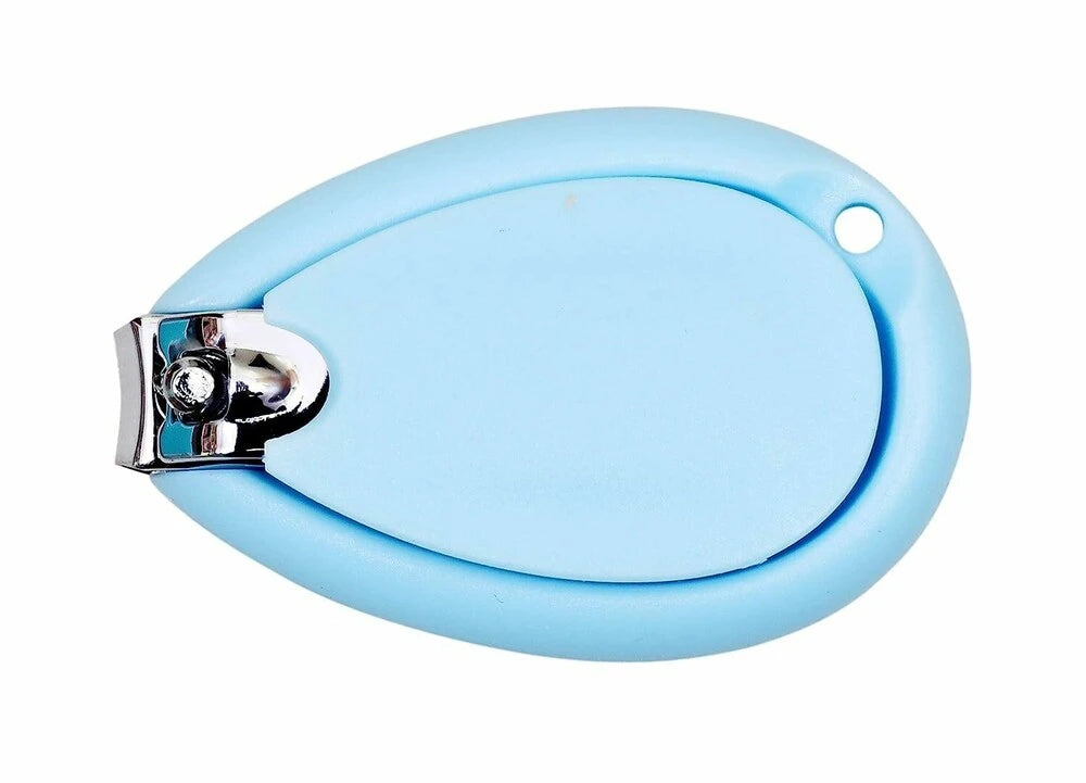 Blue baby nail clipper side view with compact teardrop design 