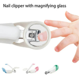 Baby nail clipper with magnifying glass showing close-view trimming use