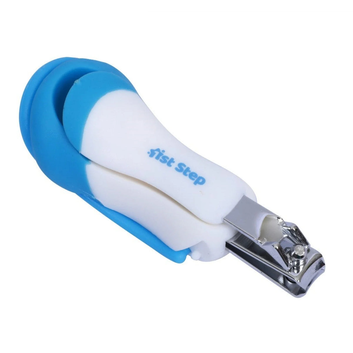 Blue baby nail clipper folded view with protective magnifying glass cover