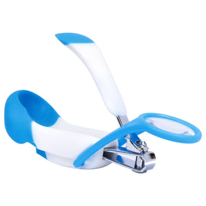 Blue baby nail clipper with built-in magnifying glass and non-slip grip