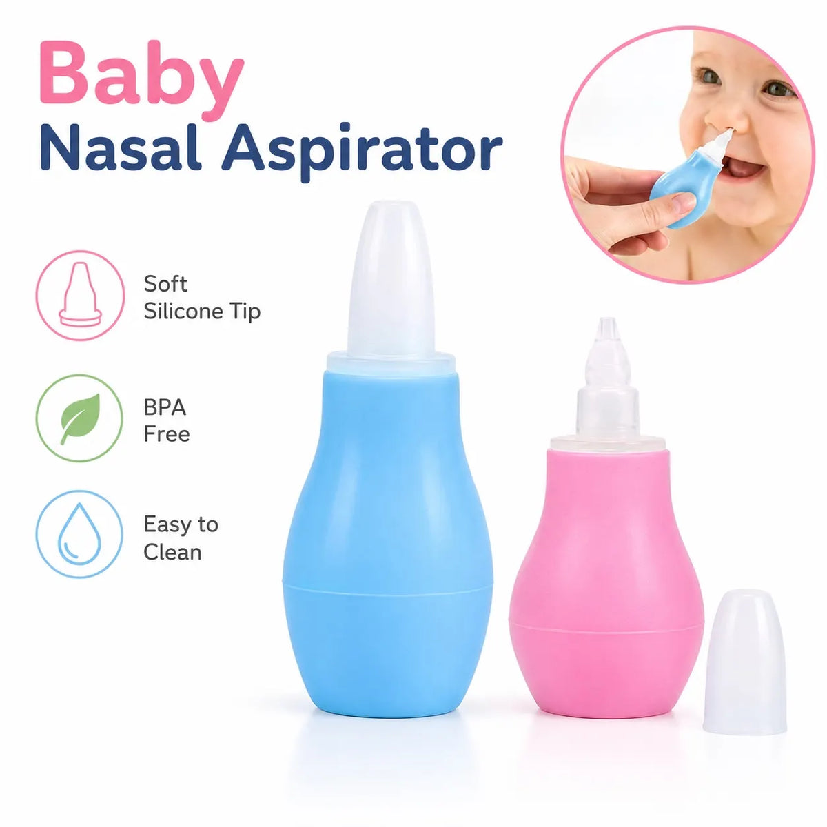 Baby nasal aspirator in blue and pink with soft silicone tip