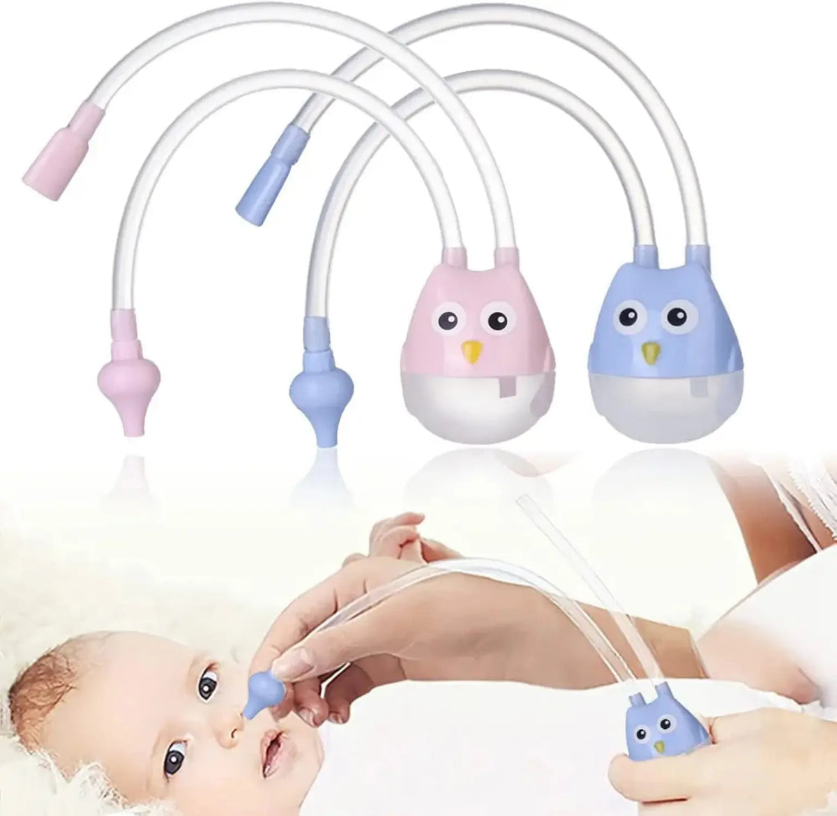 Owl baby nasal aspirator showing gentle newborn nasal cleaning use