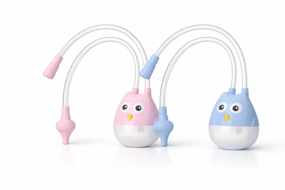 Owl baby nasal aspirator color options in blue and pink