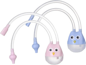 Blue and pink owl baby nasal aspirators with flexible silicone suction tubes